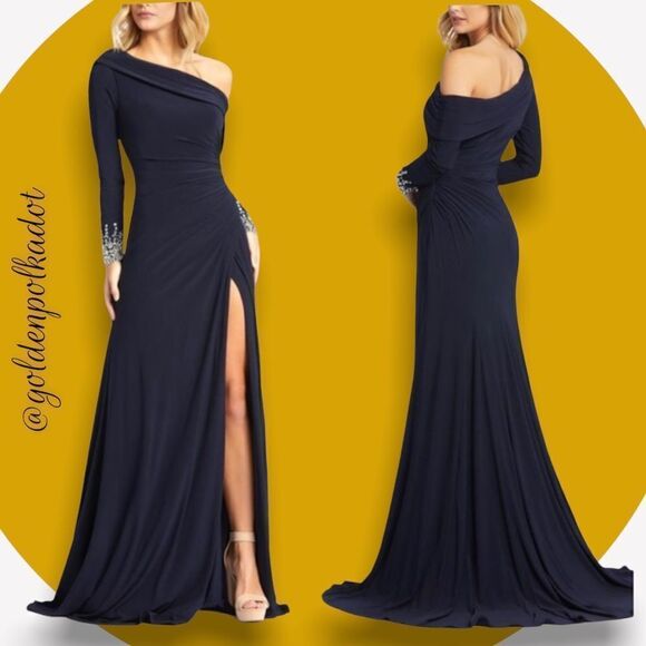 Navy Prom Pageant Crystal Jewel Accent Cuffs Off  Shoulder MAC Duggal Gown NWT - Picture 7 of 12